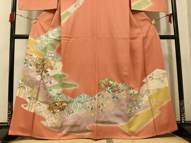 平和屋着物●訪問着　友禅　駒刺繍　地紙花文　金彩　正絹　逸品　AABG7352ph
