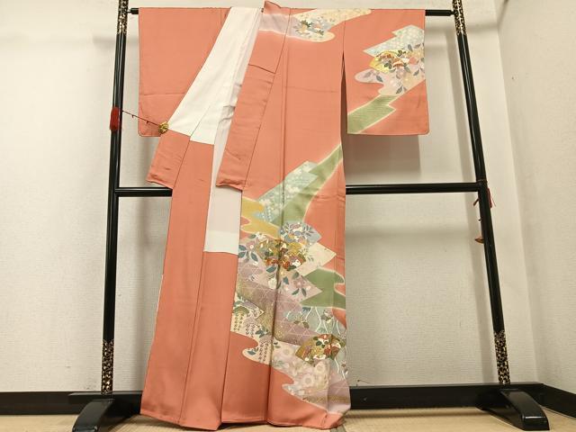 平和屋着物●訪問着　友禅　駒刺繍　地紙花文　金彩　正絹　逸品　AABG7352ph