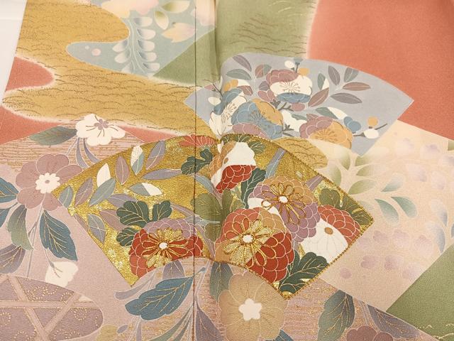 平和屋着物●訪問着　友禅　駒刺繍　地紙花文　金彩　正絹　逸品　AABG7352ph
