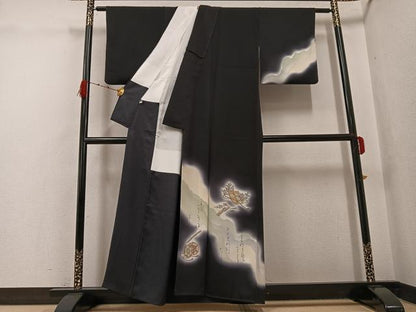 平和屋着物●訪問着　手描き　草花楽器文　暈し染め　黒地　金彩　正絹　逸品　AABG7353ph