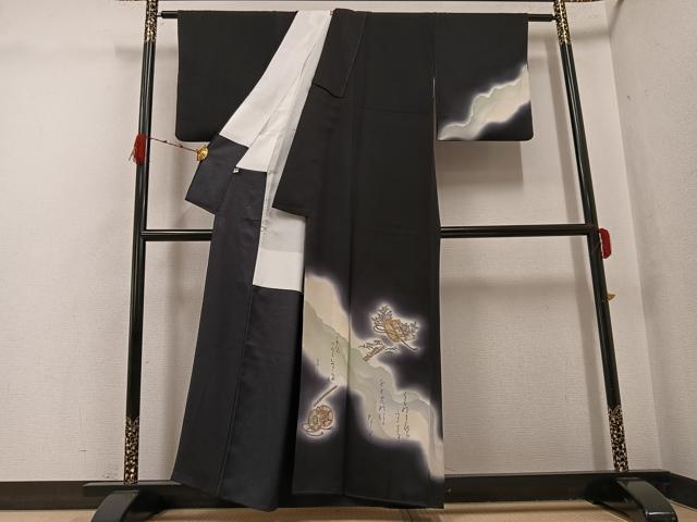 平和屋着物●訪問着　手描き　草花楽器文　暈し染め　黒地　金彩　正絹　逸品　AABG7353ph