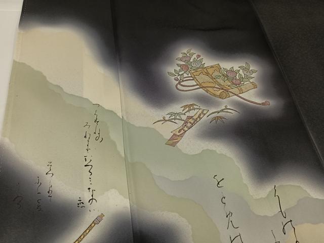 平和屋着物●訪問着　手描き　草花楽器文　暈し染め　黒地　金彩　正絹　逸品　AABG7353ph