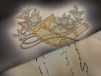平和屋着物●訪問着　手描き　草花楽器文　暈し染め　黒地　金彩　正絹　逸品　AABG7353ph