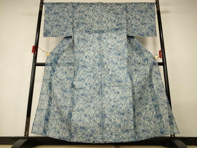 平和屋着物＊夏物　絹紅梅　小紋・浴衣兼用　型染め　枝花文　正絹　逸品　AABG7393jd