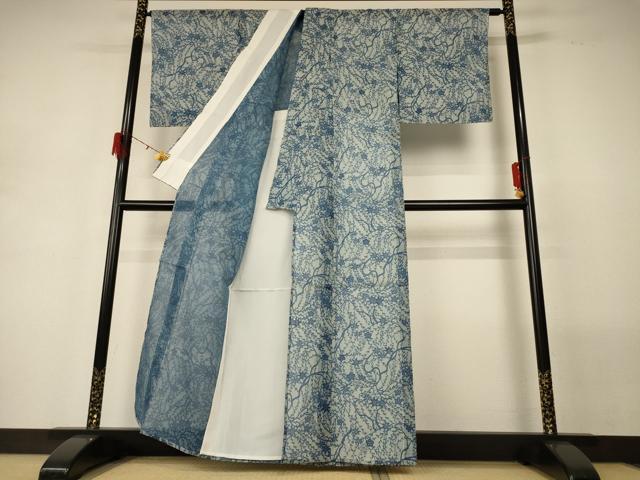 平和屋着物＊夏物　絹紅梅　小紋・浴衣兼用　型染め　枝花文　正絹　逸品　AABG7393jd