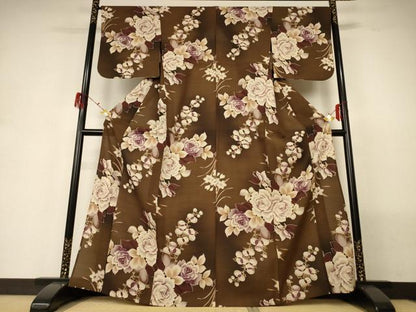 平和屋着物＊夏物 撫松庵 小紋・浴衣兼用 セオアルファ 紅梅織 薔薇 洗える着物 AABG7413jd