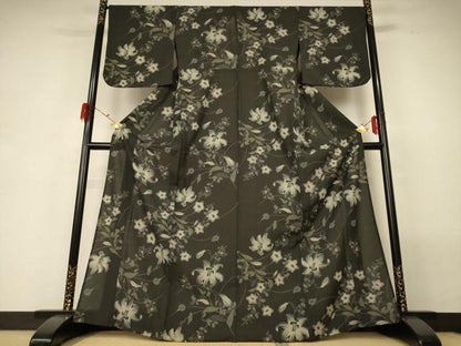 平和屋着物＊夏物　撫松庵　小紋・浴衣兼用　セオアルファ　紗　草花文　洗える着物　AABG7415jd