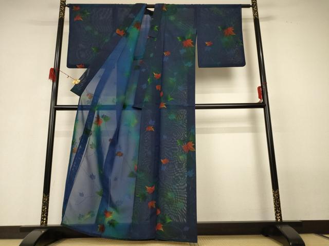 平和屋着物＊夏物　小紋　紗　蔦の葉文　暈し染め　正絹　逸品　AABG7431jd