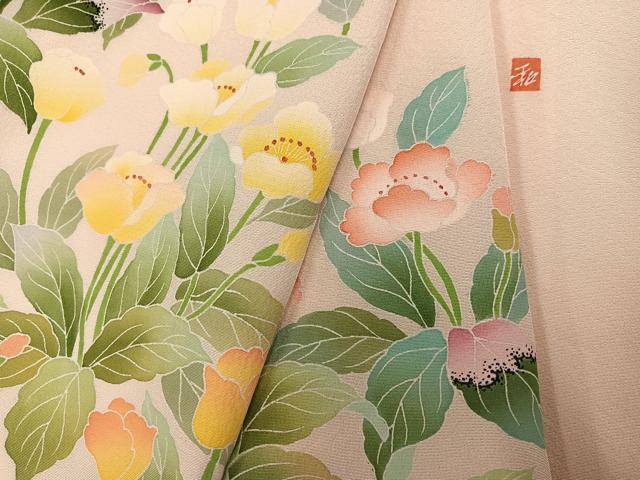 平和屋着物●訪問着　友禅　作家物　草花文　正絹　逸品　AABG7522ph