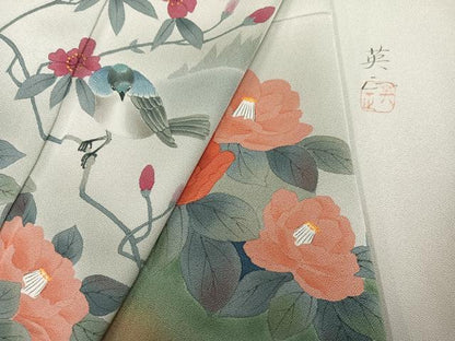 平和屋着物●訪問着　作家物　英正　手描き　花鳥文　暈し染め　正絹　逸品　AABG7524ph