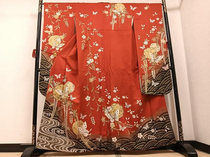 平和屋着物●豪華振袖　花蝶文　暈し染め　金彩　正絹　逸品　AABG7526ph