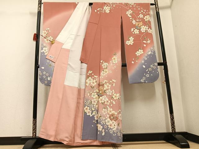 平和屋着物●豪華振袖　貝桶枝桜文　暈し染め　金彩　やまと誂製　正絹　逸品　AABG7528ph