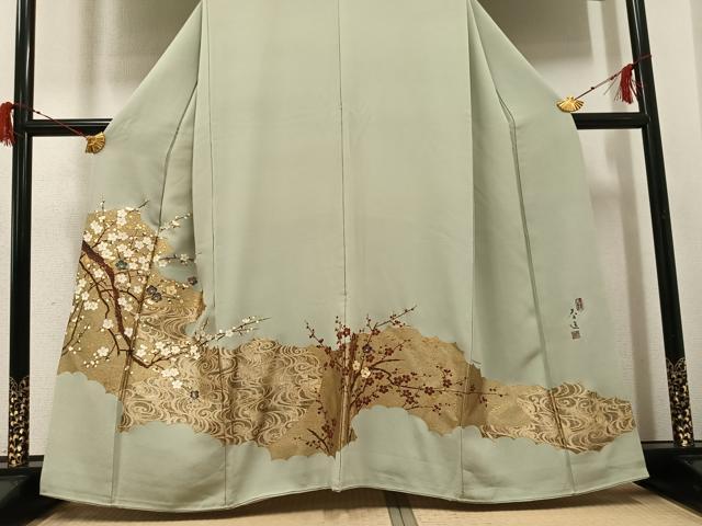 平和屋着物●螺鈿作家　甲斐泰造　色留袖　紅白梅　金彩　正絹　逸品　AABG7532ph