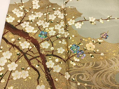 平和屋着物●螺鈿作家　甲斐泰造　色留袖　紅白梅　金彩　正絹　逸品　AABG7532ph