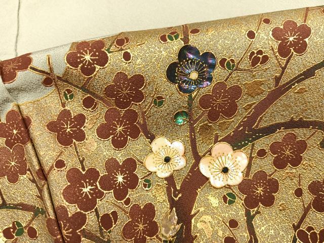 平和屋着物●螺鈿作家　甲斐泰造　色留袖　紅白梅　金彩　正絹　逸品　AABG7532ph