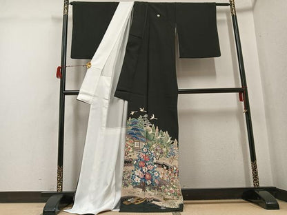 平和屋着物●豪華黒留袖　友禅　作家物　松竹梅風景飛鳥文　ロング丈　正絹　逸品　AABG7533ph