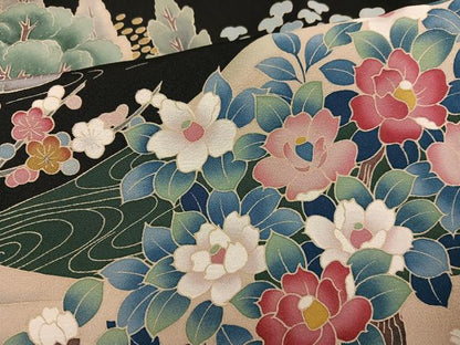 平和屋着物●豪華黒留袖　友禅　作家物　松竹梅風景飛鳥文　ロング丈　正絹　逸品　AABG7533ph