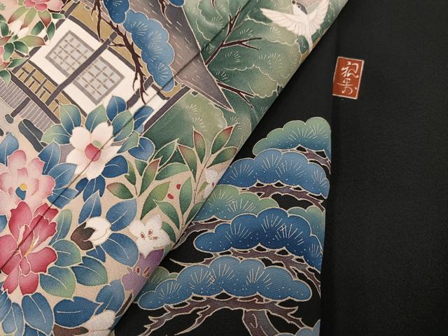 平和屋着物●豪華黒留袖　友禅　作家物　松竹梅風景飛鳥文　ロング丈　正絹　逸品　AABG7533ph