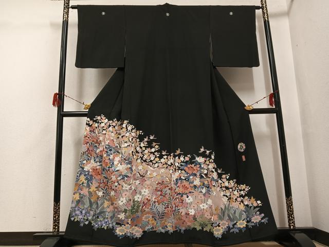 平和屋着物●豪華黒留袖　友禅　作家物　花鳥文　正絹　逸品　AABG7541ph