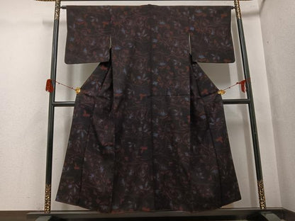 平和屋着物●結城ちぢみ　花唐草文　正絹　逸品　AABG7543ph