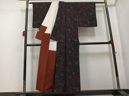 平和屋着物●結城ちぢみ　花唐草文　正絹　逸品　AABG7543ph