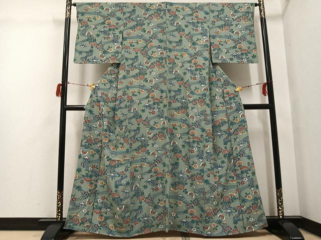 平和屋着物●上質な小紋　型染め　流水花蝶文　鈴乃屋扱い　正絹　逸品　未使用　AABG7551ph