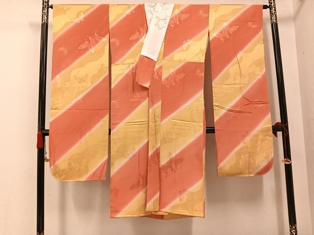 平和屋着物●振袖用長襦袢　袷　舞蝶地紋　暈し染め　広衿仕立て　半衿刺繍　正絹　逸品　AABG7554ph