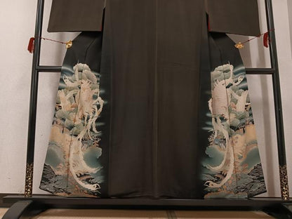 平和屋着物●アンティーク　大正ロマン　黒留袖　鳳凰御所車草花文　正絹　逸品　AABG7555ph