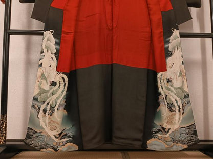 平和屋着物●アンティーク　大正ロマン　黒留袖　鳳凰御所車草花文　正絹　逸品　AABG7555ph
