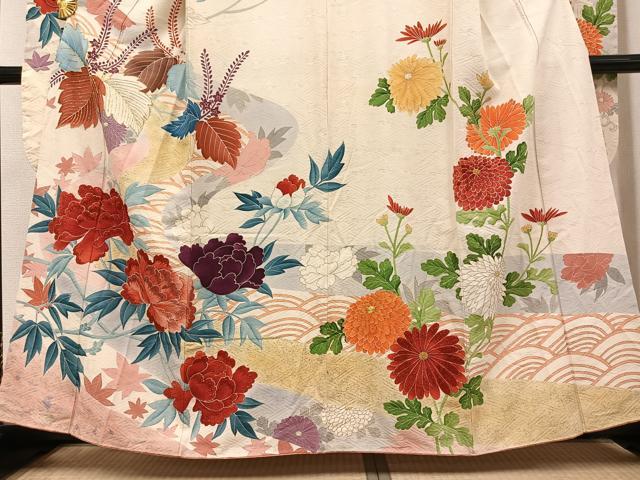 平和屋着物●セミアンティーク　振袖　駒刺繍　草花文　金彩　正絹　逸品　AABG7556ph