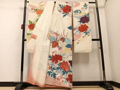 平和屋着物●セミアンティーク　振袖　駒刺繍　草花文　金彩　正絹　逸品　AABG7556ph