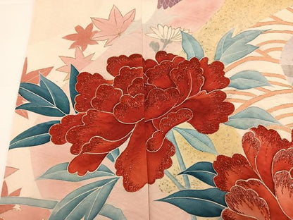 平和屋着物●セミアンティーク　振袖　駒刺繍　草花文　金彩　正絹　逸品　AABG7556ph