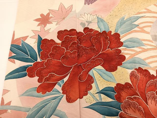 平和屋着物●セミアンティーク　振袖　駒刺繍　草花文　金彩　正絹　逸品　AABG7556ph