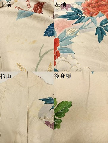 平和屋着物●セミアンティーク　振袖　駒刺繍　草花文　金彩　正絹　逸品　AABG7556ph