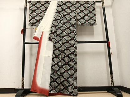 平和屋着物●上質な小紋　絞り　菱文　黒地　正絹　逸品　AABG7558ph