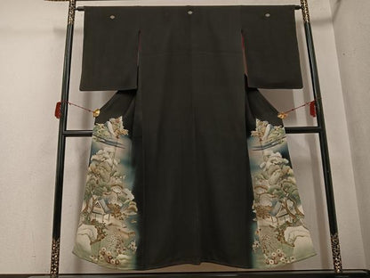 平和屋着物●アンティーク　大正ロマン　黒留袖　松竹梅風景文　鶴　暈し染め　正絹　逸品　AABG7565ph