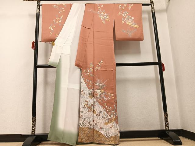 平和屋着物●訪問着　花筏文　金彩　正絹　逸品　AABG7569ph