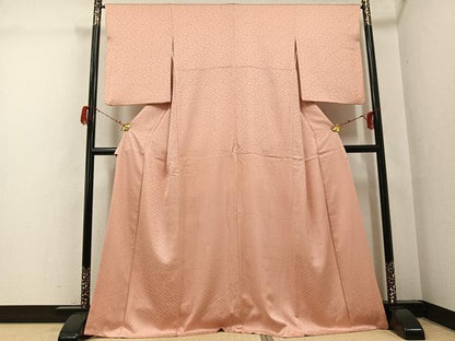 平和屋着物●上質な色無地　紗綾形地紋　水柿色　正絹　逸品　AABG7592ph