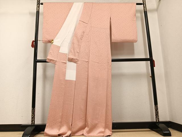 平和屋着物●上質な色無地　紗綾形地紋　水柿色　正絹　逸品　AABG7592ph