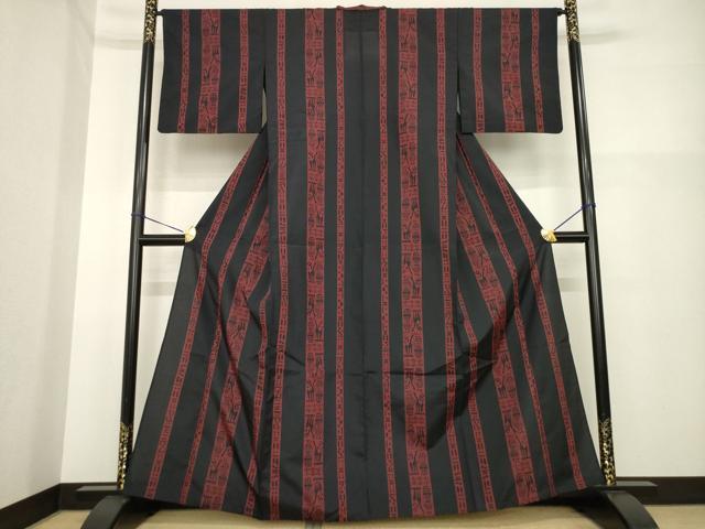 平和屋着物▽小紋　単衣　古代壁画間道　黒地　洗える着物　AABG7611ck