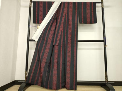 平和屋着物▽小紋　単衣　古代壁画間道　黒地　洗える着物　AABG7611ck