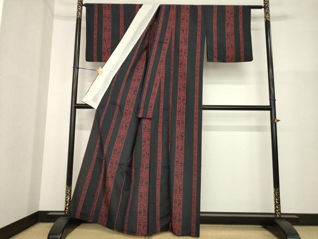 平和屋着物▽小紋　単衣　古代壁画間道　黒地　洗える着物　AABG7611ck