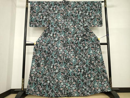 平和屋着物▽小紋 単衣 辻が花 舞花文 黒地 洗える着物 AABG7616ck