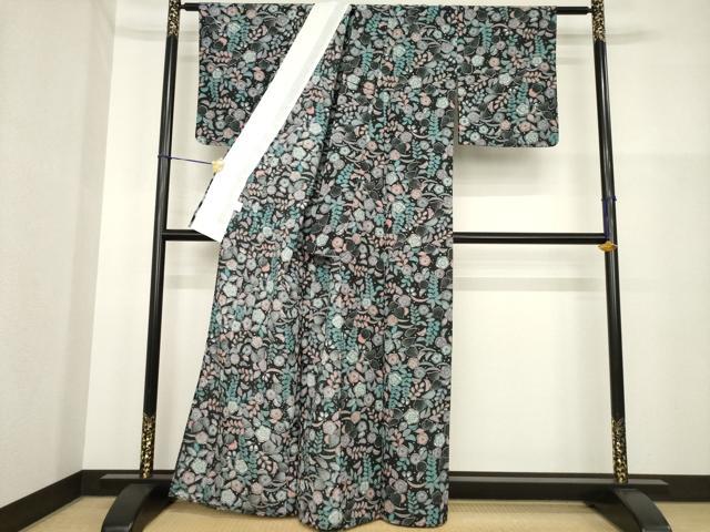 平和屋着物▽小紋 単衣 辻が花 舞花文 黒地 洗える着物 AABG7616ck