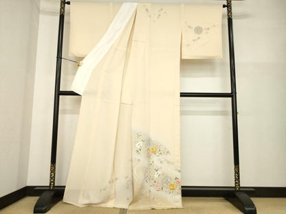 平和屋着物▽訪問着 単衣 駒刺繍 流水更紗花文 暈し染め 金彩 正絹 逸品 AABG7630ck