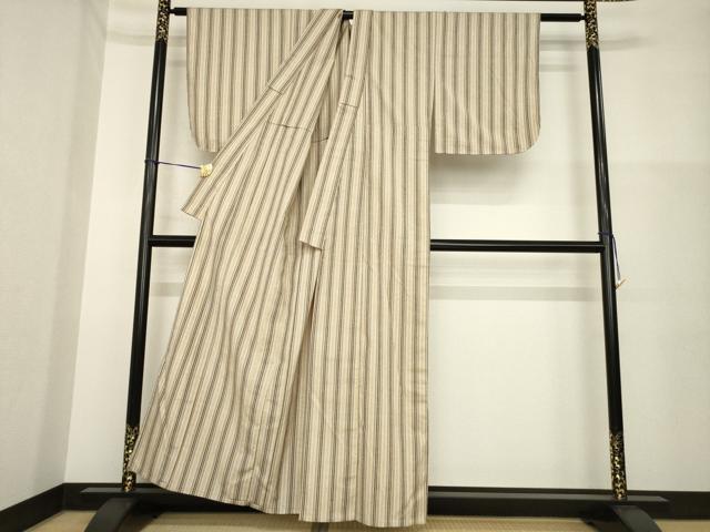 平和屋着物▽上質な紬 単衣 縞 正絹 逸品 AABG7638ck