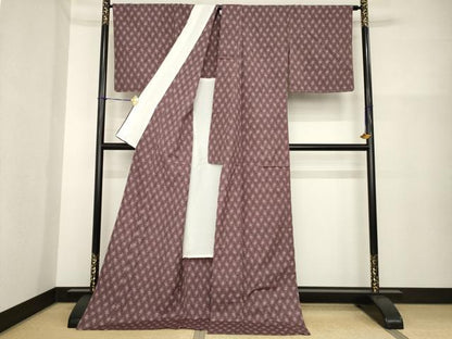 平和屋着物▽上質な紬 単衣 井桁 ロング丈 正絹 逸品 未使用 AABG7642ck