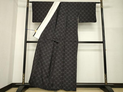 平和屋着物▽結城ちぢみ　単衣　花菱繋ぎ　正絹　逸品　AABG7648ck