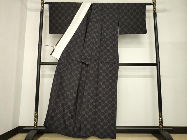 平和屋着物▽結城ちぢみ　単衣　花菱繋ぎ　正絹　逸品　AABG7648ck