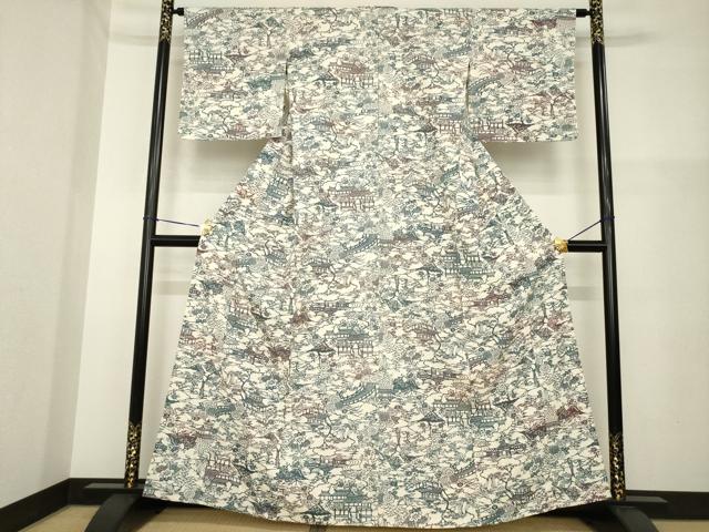 平和屋着物▽上質な小紋 単衣 型染め 風景文 正絹 逸品 AABG7650ck